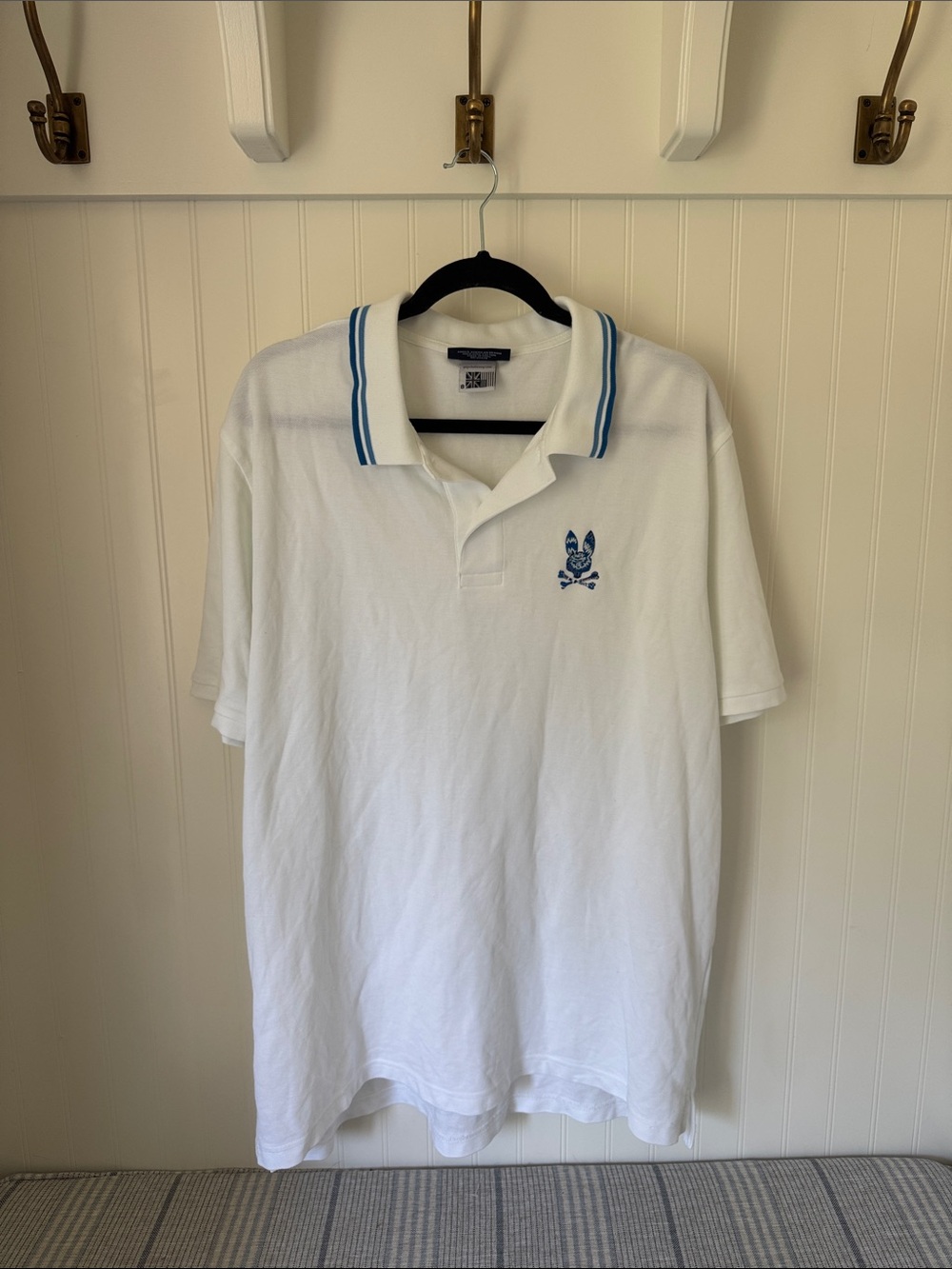 Men's Pyscho Bunny White Polo Shirt with Blue Trim